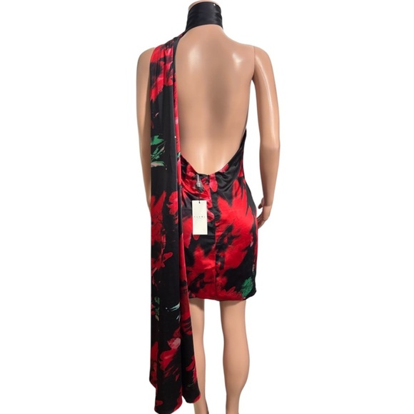 NWT CLUB L LONDON Nasira Black Floral Asymmetric Neck Open Back Mini Dress - Picture 6 of 16